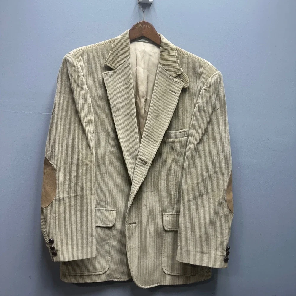 Orvis Mens Tan Corduroy Blazer 44R Elbow Patches Cotton Sport Coat Tailored USA